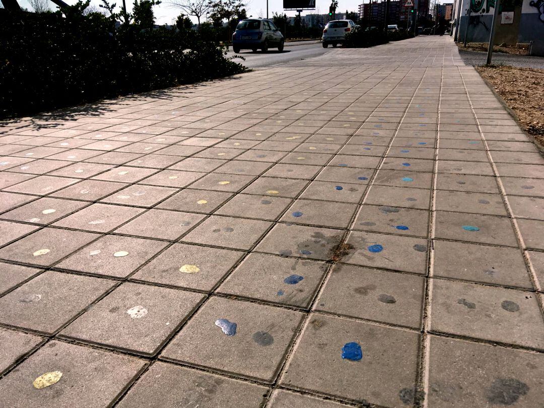 Pavimento de la Avenida de Elche con chicles pintamos en el pavimiento y el resto de un excremento