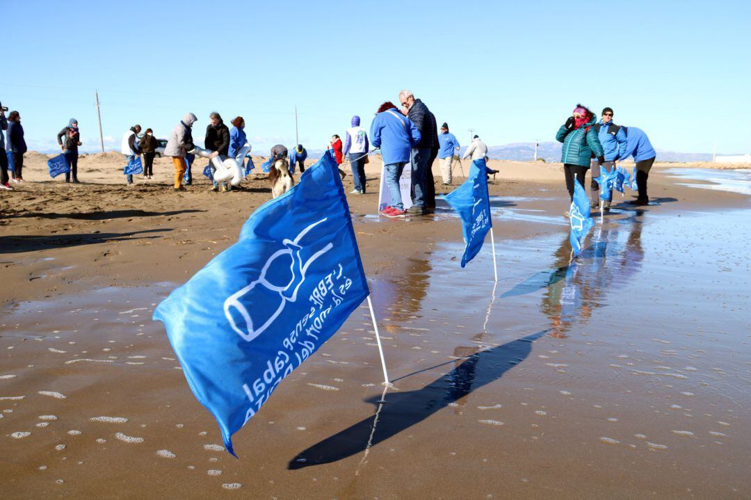 Pla general dels ecologistes en l&#039;acció de denúncia de la regressió de delta de l&#039;Ebre a la platja de la Marquesa. Imatge del 3 de febrer del 2019 (Horitzontal):