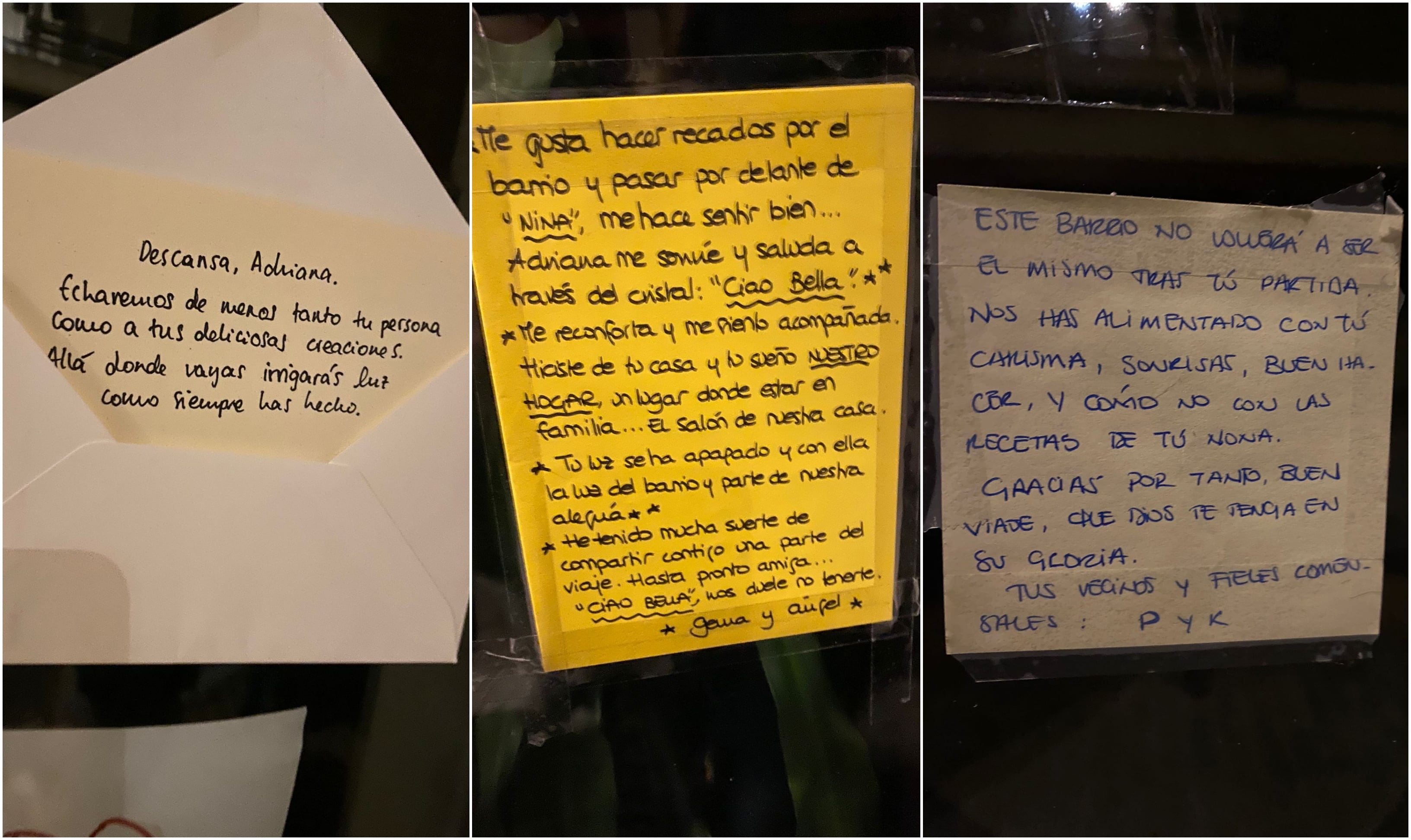 Algunos de los mensajes dedicados a la chef Adriana Pestano que sus clientes han pegado en la puerta del restaurante Nina Pasta Bar.