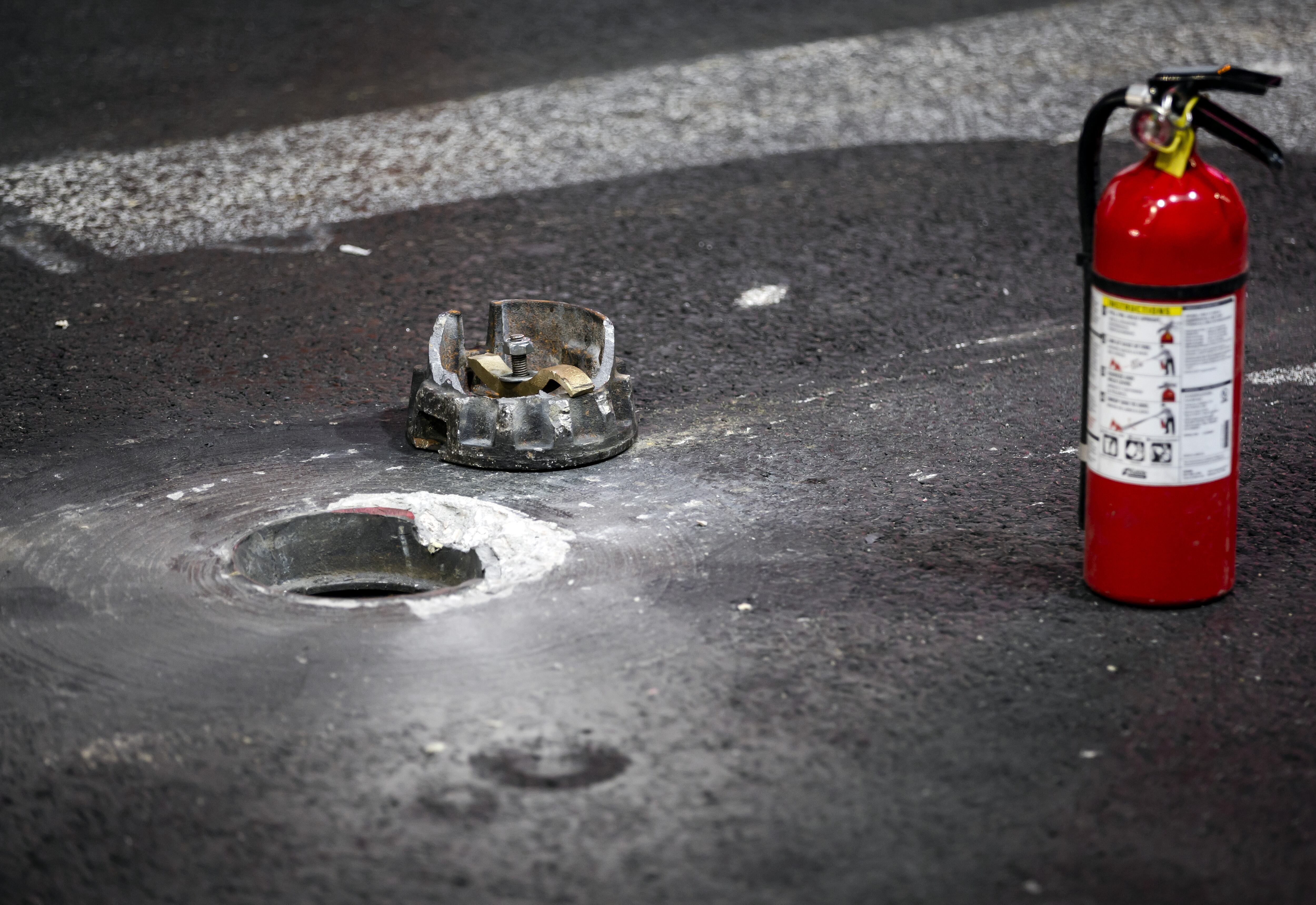 LAS VEGAS - The loose manhole cover caused the 1st free practice to be halted prematurely prior to the Las Vegas Formula 1 Grand Prix at the Las Vegas Strip Circuit in Nevada. ANP SEM VAN DER WAL (Photo by ANP via Getty Images)