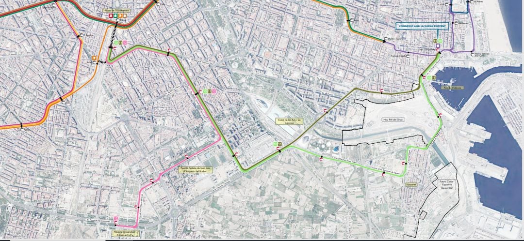 Mapa con las rutas de las líneas 10,11 y 12 de tranvía