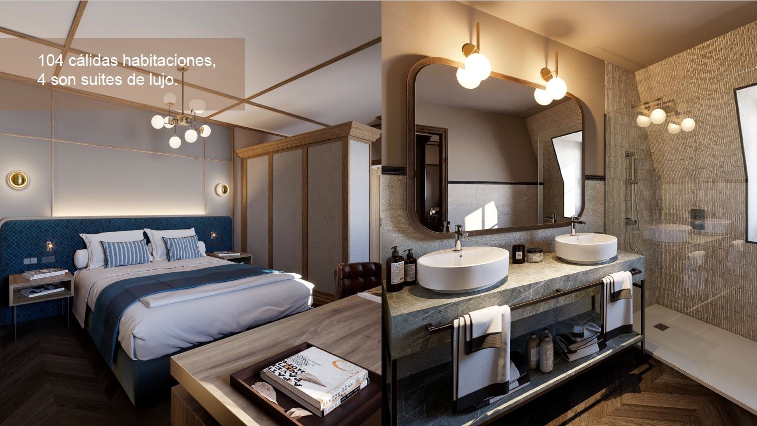 Hay 104 habitaciones distribuidas en la primera y segunda planta del edificio histórico