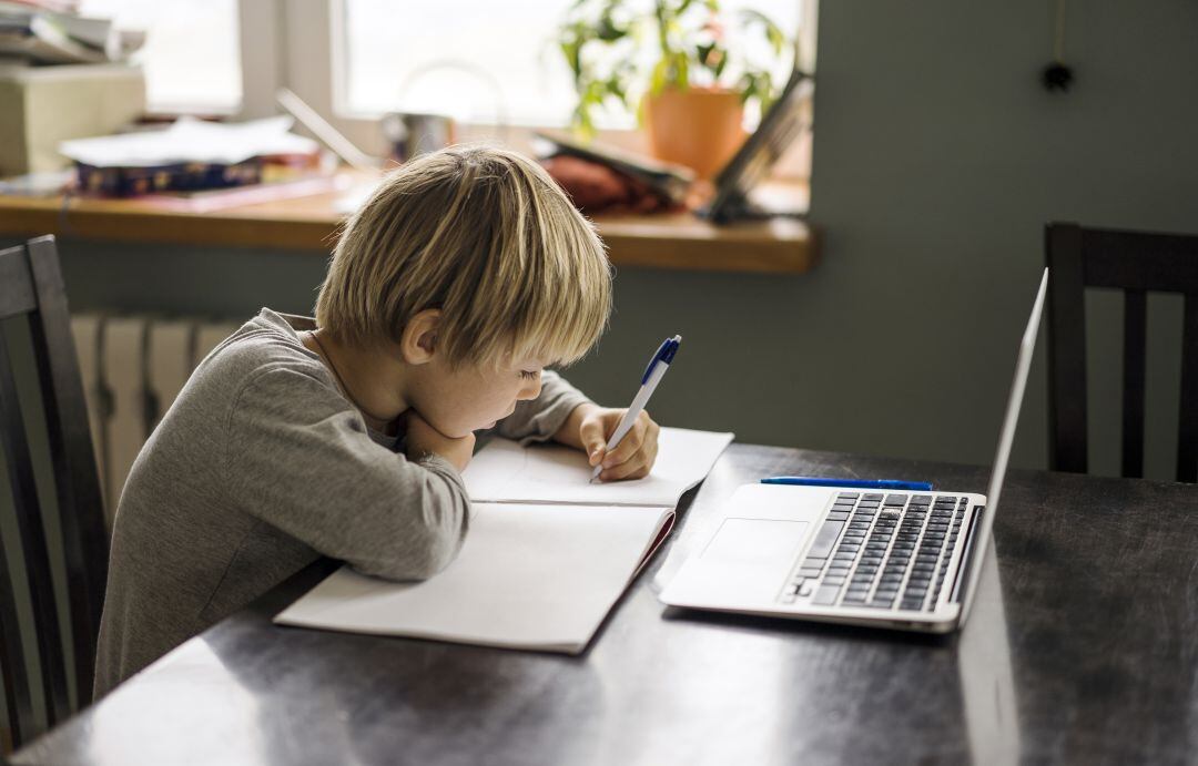 Un niño estudia en su casa con el ordenador.