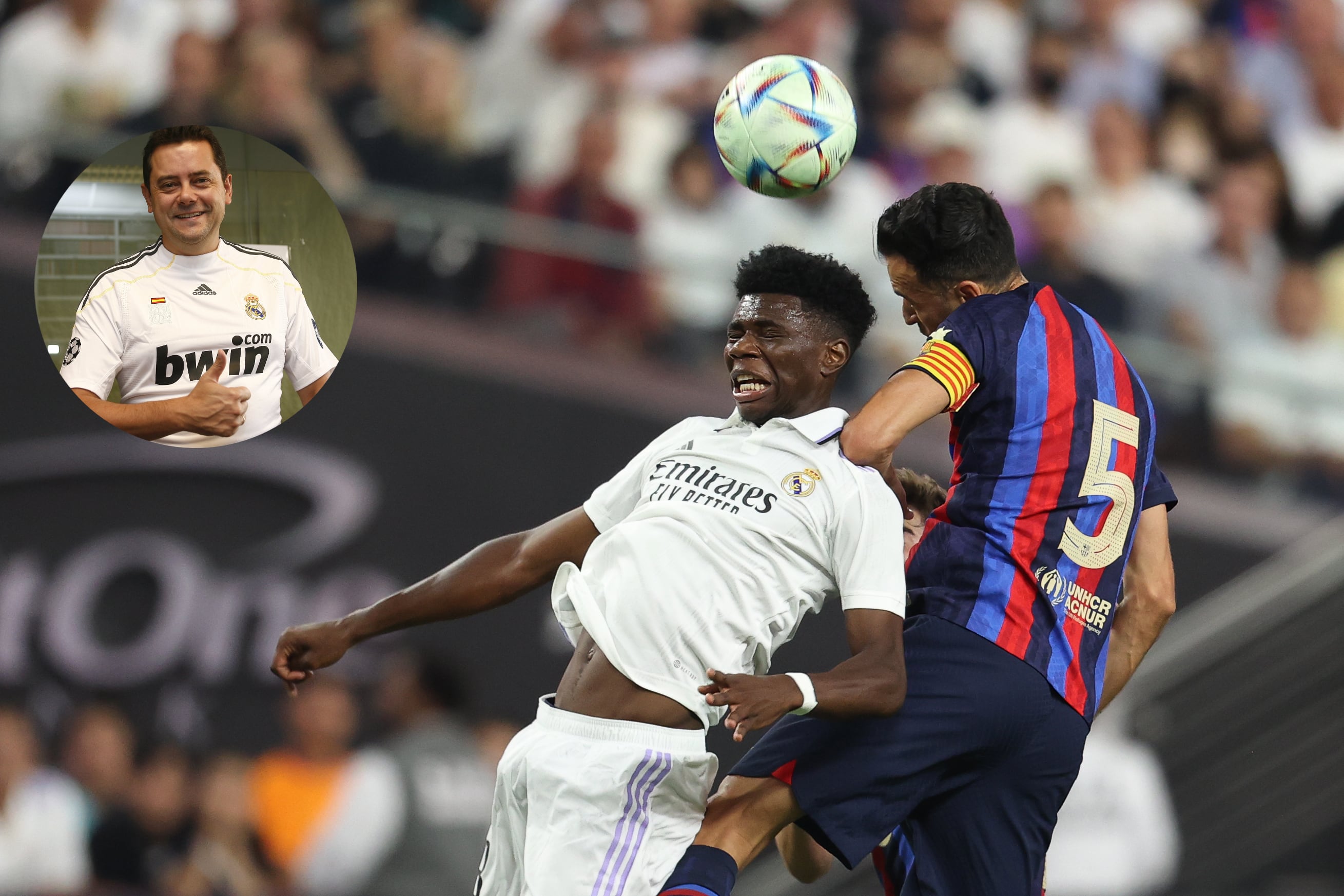 LAS VEGAS, NV - JULY 23: Aurélien Tchouaméni #18 of Real Madrid and Sergio Busquets #5 of Barcelona battle for the ball during the preseason friendly match between Real Madrid and Barcelona at Allegiant Stadium on July 23, 2022 in Las Vegas, Nevada. (Photo by Omar Vega/Getty Images)