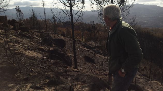 Cándido Barros contempla los enfectos del incendio en Vitoreira de Arriba