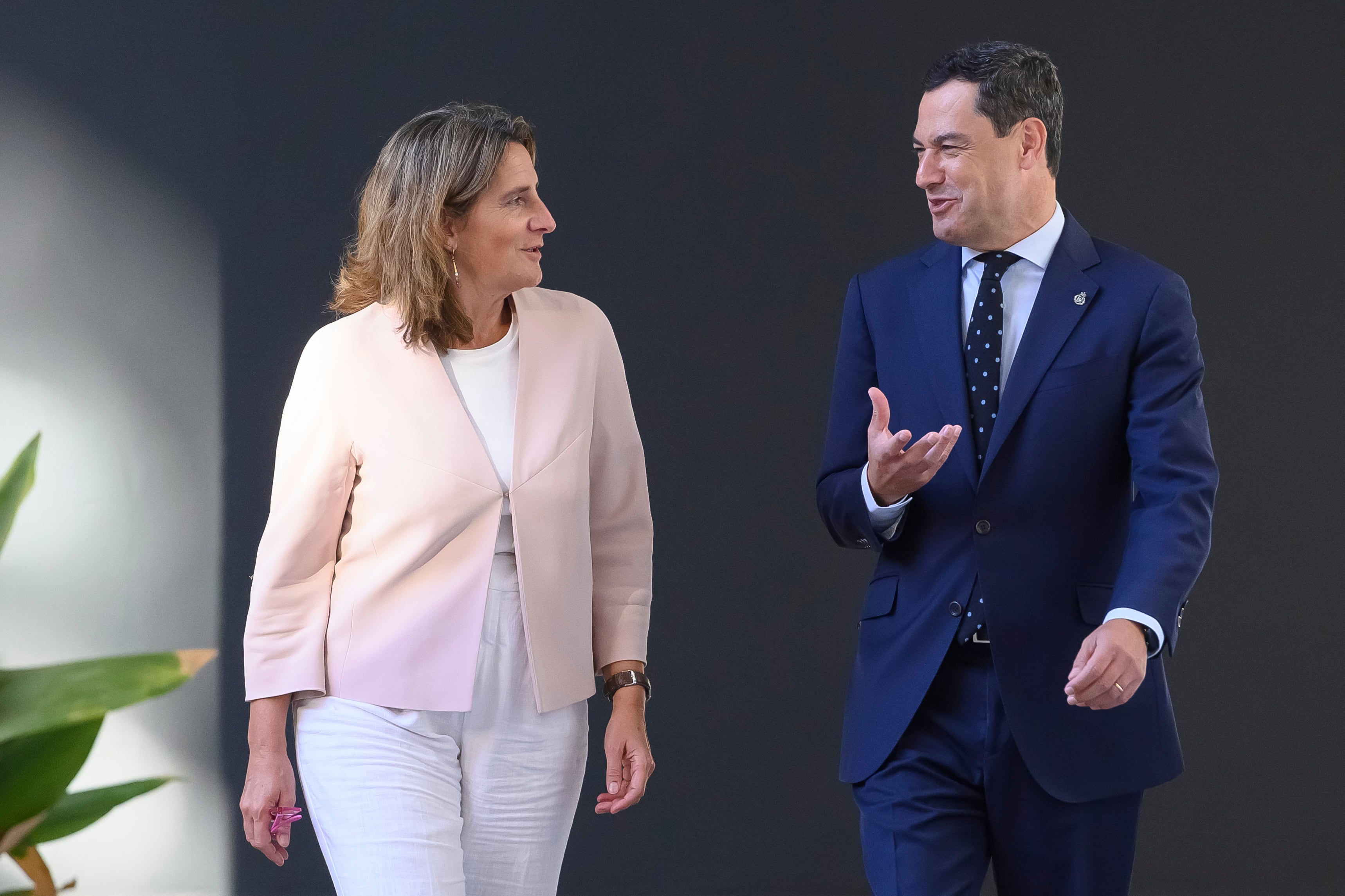 SEVILLA, 03/10/2023. - El presidente de la Junta de Andalucía, Juanma Moreno (d), y la vicepresidenta tercera del Gobierno de España y ministra para Transición Ecológica y el Reto Demográfico, Teresa Ribera (i), asisten a una rueda de prensa tras su reunión para abordar asuntos de interés para la comunidad autónoma de Andalucía en materia de agua, energía y medio ambiente, este martes en el Palacio de San Telmo, en Sevilla. La Junta de Andalucía y el Gobierno central han alcanzado un acuerdo para abrir un diálogo sobre la regularización de los terrenos de regadíos de la Corona Norte de Doñana, cuya primera medida será la de posponer la aprobación de la proposición de ley en el Parlamento andaluz, prevista para la próxima semana. EFE/ Raúl Caro
