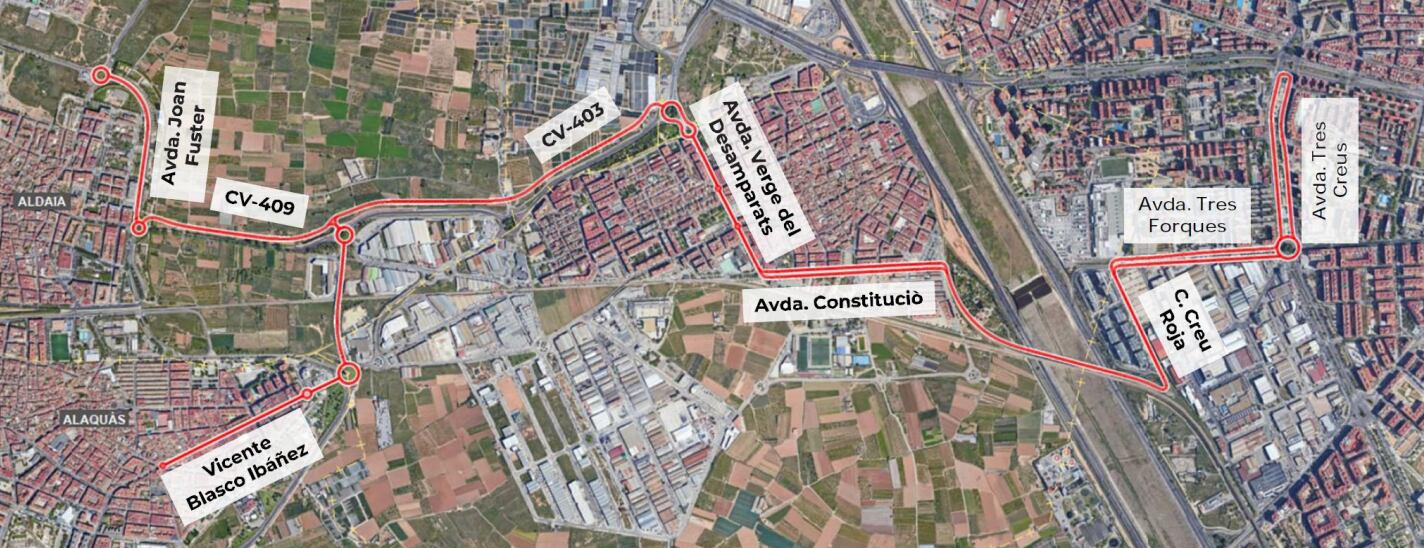 Alternativa seleccionada para la nueva plataforma para autobuses que conectará Alaquàs, Aldaia y Xirivella con València