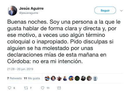 Mensaje de disculpa en su cuenta de Twitter