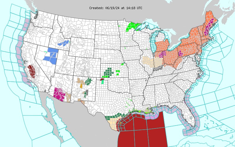 Avisos de altas temperaturas (en rojo) en los próximos días en Estados Unidos