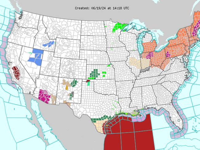 Avisos de altas temperaturas (en rojo) en los próximos días en Estados Unidos