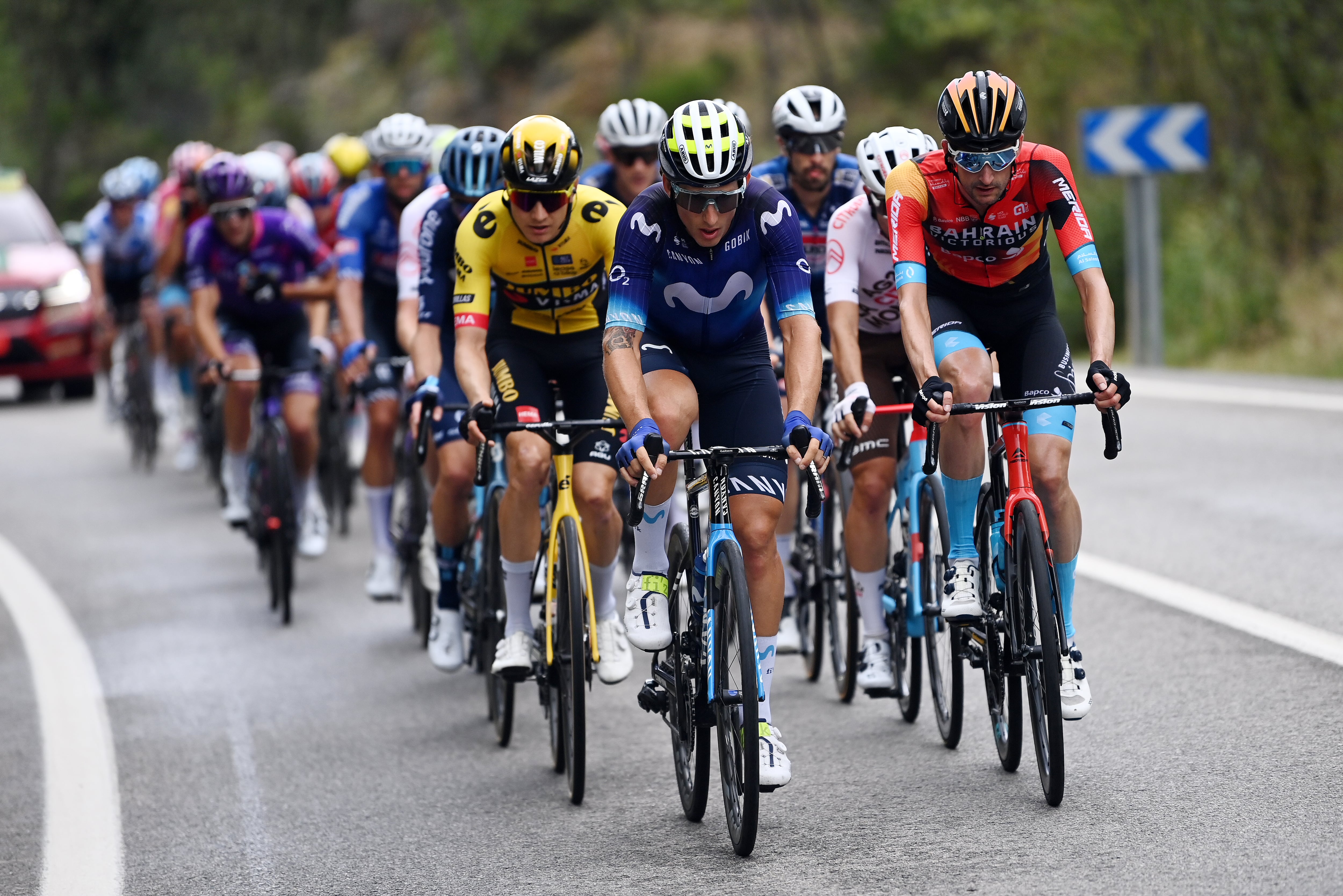 GUADARRAMA, SPAIN - SEPTEMBER 16: (L-R) Ivan Garcia Cortina of Spain and Movistar Team and Wout Poels of The Netherlands and Team Bahrain - Victorious compete in the breakaway during the 78th Tour of Spain 2023, Stage 20 a 207.8km stage from Manzanares El Real to Guadarrama / #UCIWT / on September 16, 2023 in Guadarrama, Spain. (Photo by Tim de Waele/Getty Images)