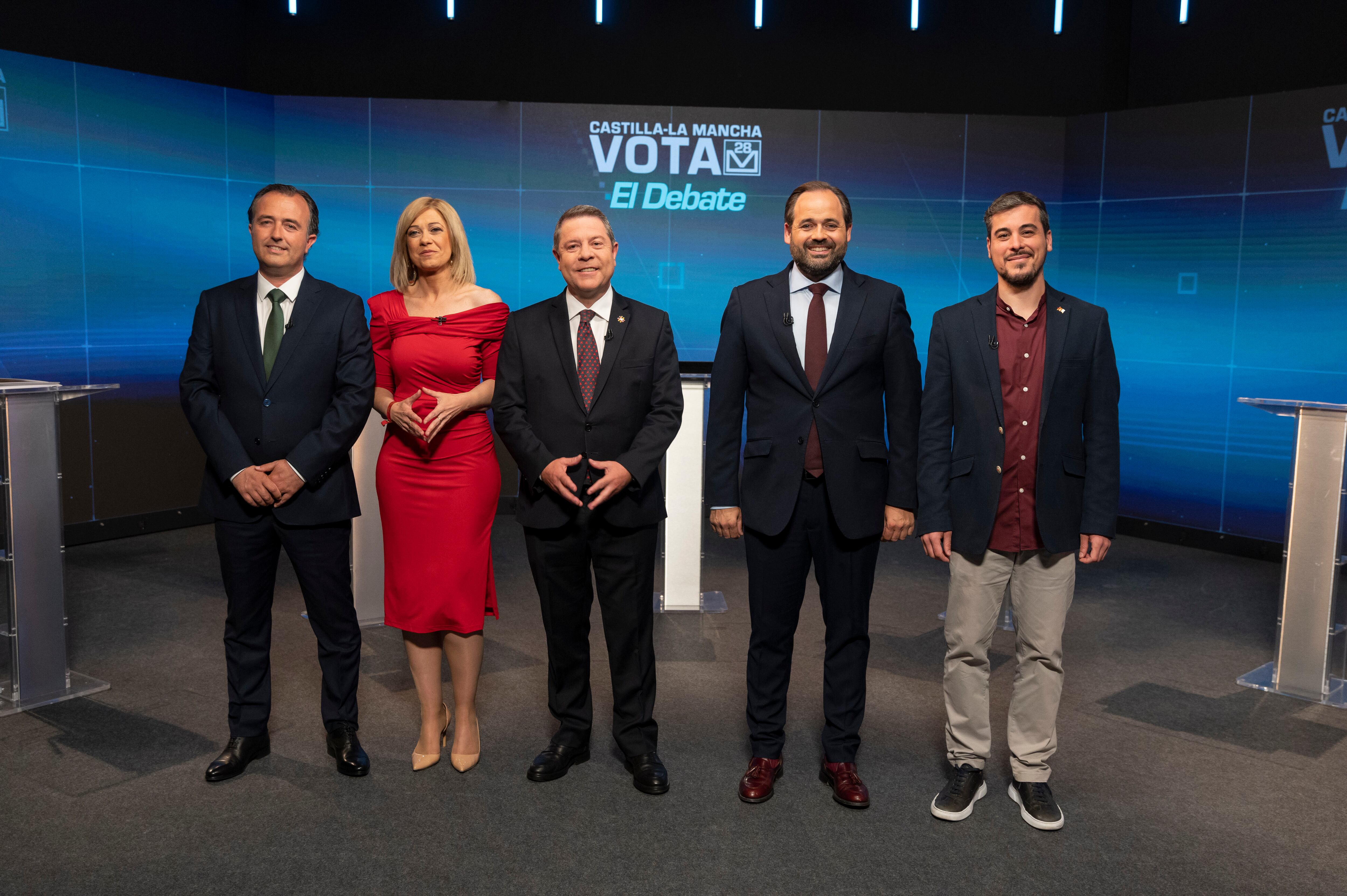 Toledo, 22-05-2023- Los candidatos a la Presidencia de Castilla-La Mancha de PSOE, Emiliano García-Page; PP, Paco Núñez; CS, Carmen Picazo; Vox, David Moreno, y Unidas Podemos, José Luis García Gascón, participan en el único debate electoral que se organiza con motivo de las elecciones autonómicas del 28 de mayo, promovido por CMM