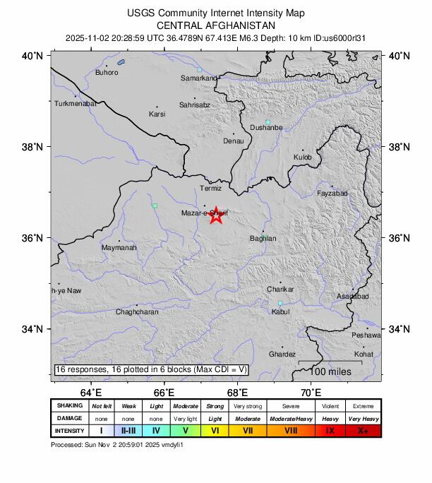 El mapa de la Encuesta Geográfica de los Estados Unidos muestra la localización exacta del seísmo. (Terremoto/sismo, Afganistán, Estados Unidos).