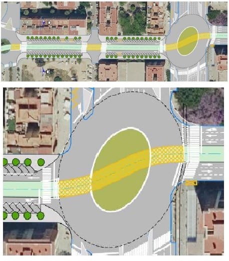 Plano figurado de la rotonda ovalada propuesta para el cruce de las avenidas Ausiàs March y Hermanos Maristas correspondiente al trazado de la línea 12 de tranvía