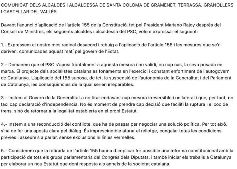 Comunicado de cuatro alcaldes del PSC, entre ellos Núria Parlón, en desacuerdo con la aplicación del 155.