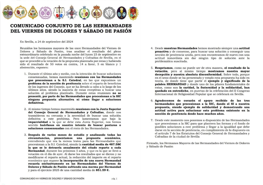 Comunicado emitido por las hermandades del Viernes de Dolores y Sábado de Pasión