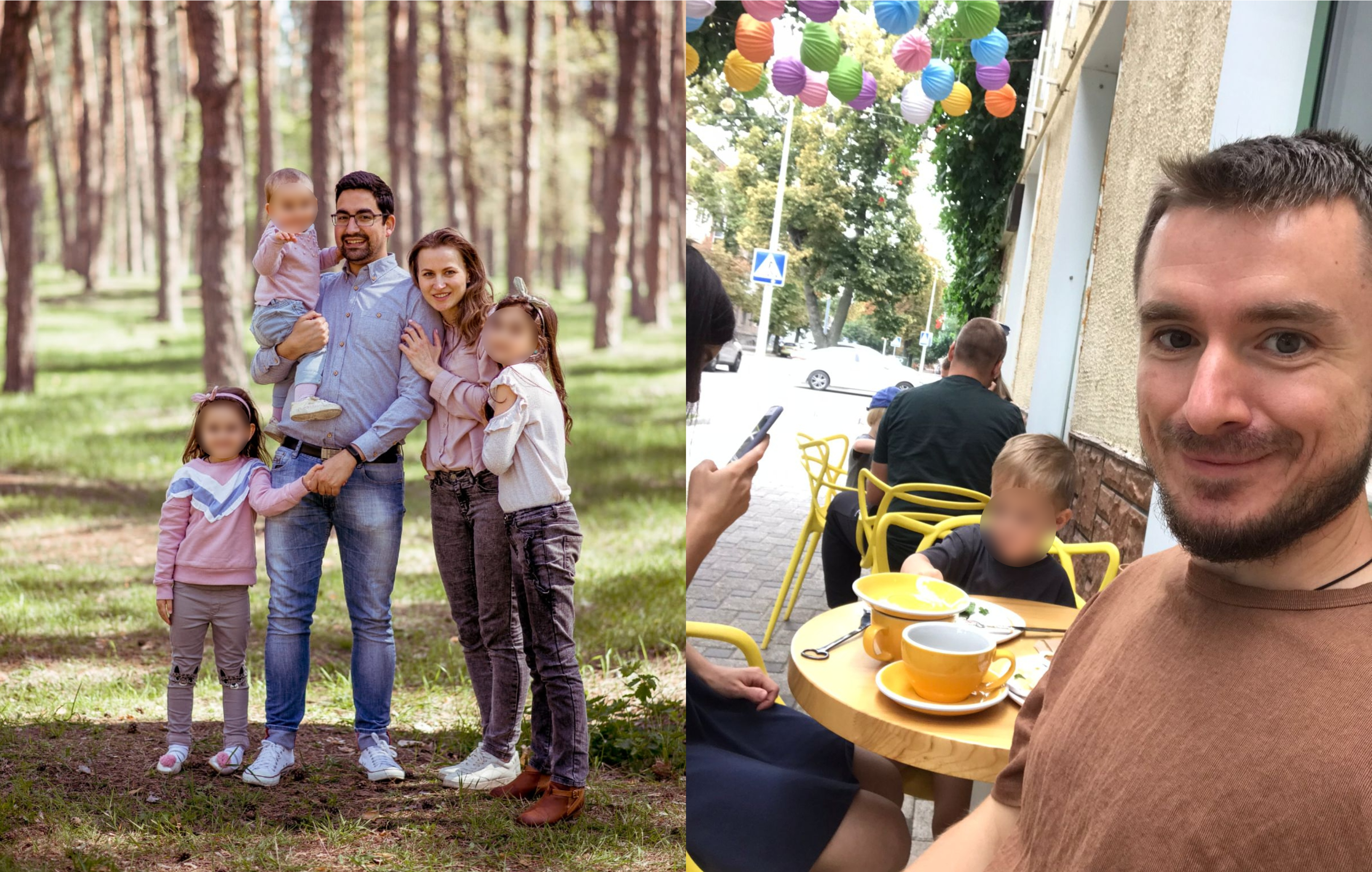 Abraham Canpomar con su familia y Maxim Afanasiev con su hijo