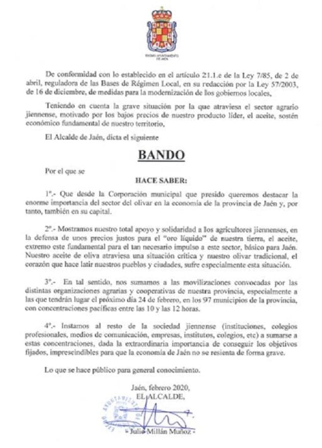 Bando Municipal en el que muestra el apoyo a las protestas del 24F.