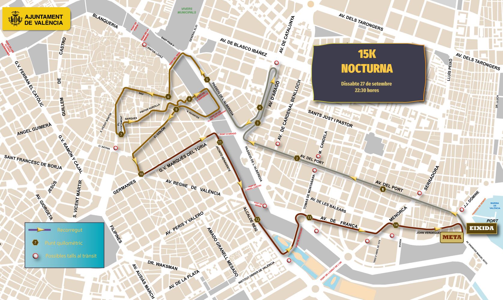 Cortes de tráfico de la 15k nocturna de València de 2025.