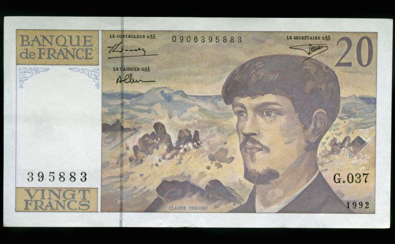 Claude Debussy en los antiguos billetes de 20 francos en Francia