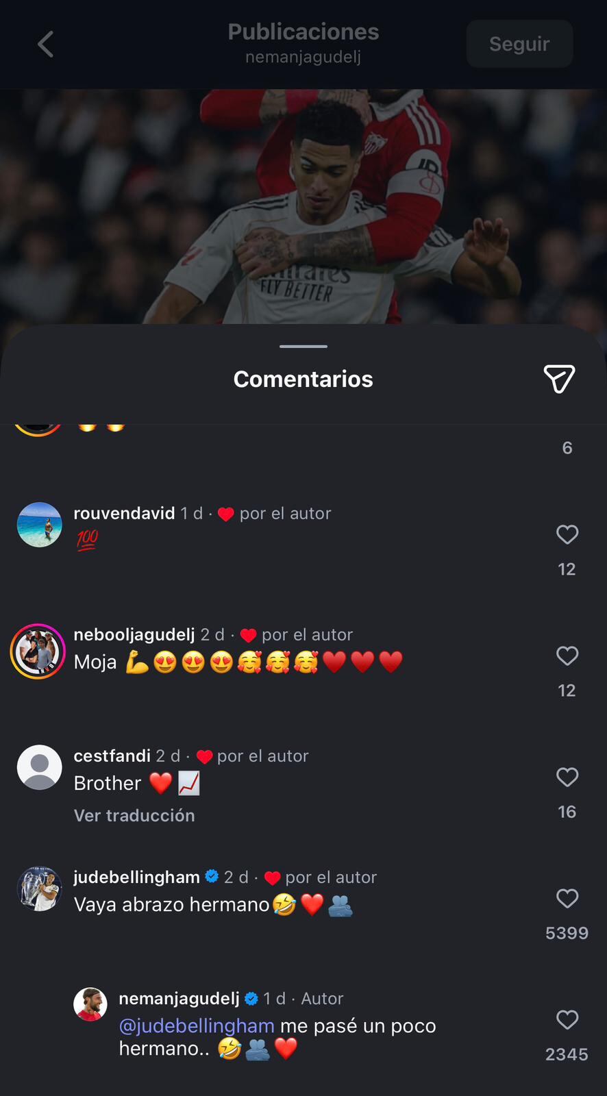 Gudelj y Bellingham intercambian comentarios en la publicación del serbio