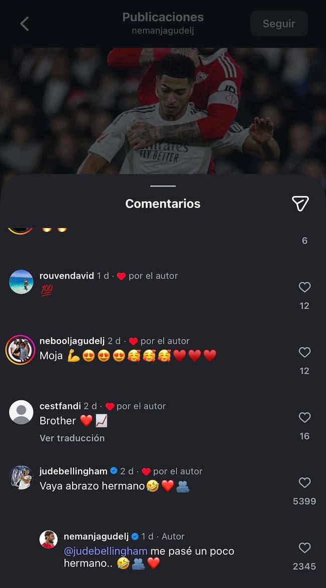 Gudelj y Bellingham intercambian comentarios en la publicación del serbio