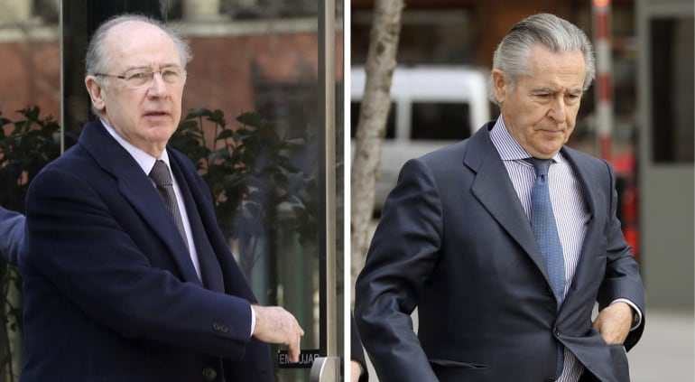 Fotografías de los expresidentes de Caja Madrid, Rodrigo Rato (i) y Miguel Blesa (d), este viernes en la Audiencia Nacional, donde han acudido a una &quot;vistilla&quot; de medidas cautelares.