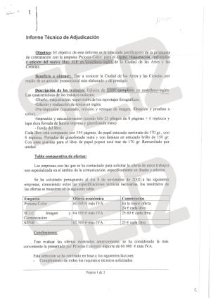 Informe técnico de adjucación de la producción y el diseño del libro VIP en castellano e inglés de la Ciencias de las Artes y las Ciencias. Figura, entre otras, la empresa Process Color.