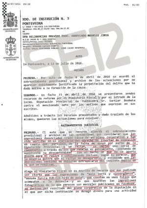 Auto de archivo de la querella de Carmela Silva contra el concejal de Igualdad del PP de Moraña (1/3).