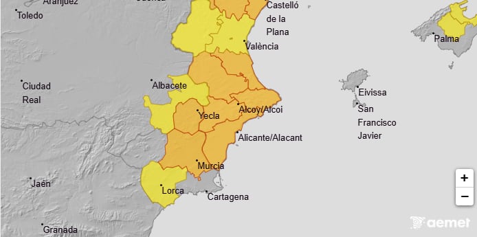 Alerta naranja este martes, 9 de septiembre, en las comarcas de la provincia de Alicante