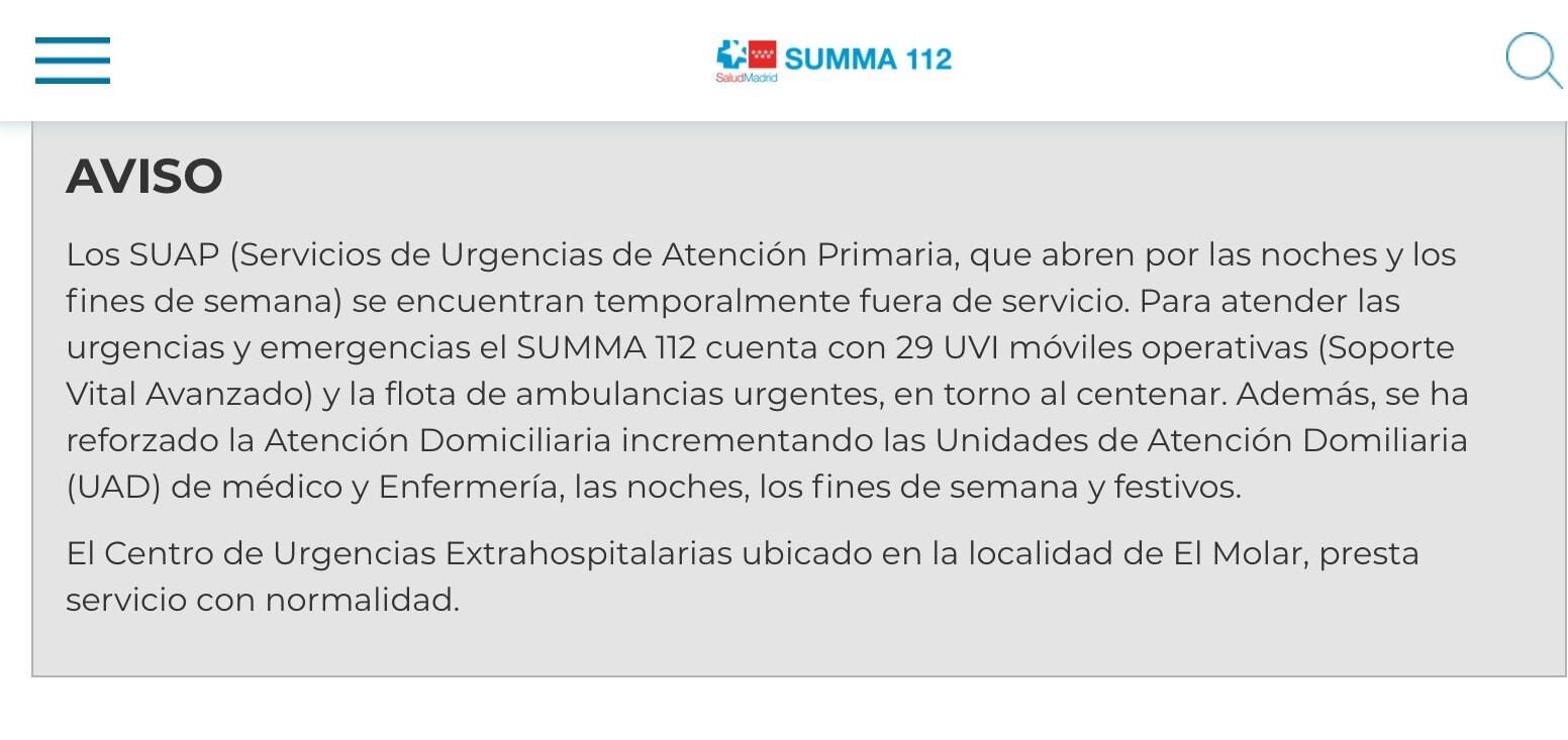 Aviso en la página web de la Comunidad de Madrid sobre el cierre de los SUAPS, a día 26 de mayo de 2022