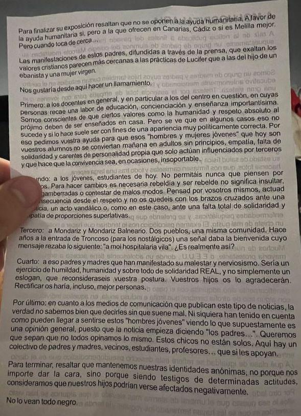 Segunda página del escrito de madres y padres del colegio Marcote de Mondariz-Balneario.