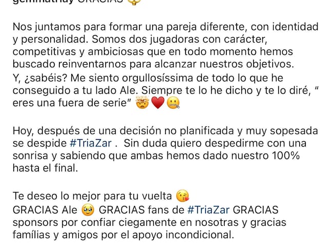 Així explicava a les xarxes socials l'alaiorenca que deixava a Ale salazar per seguir amb Marta Ortega.