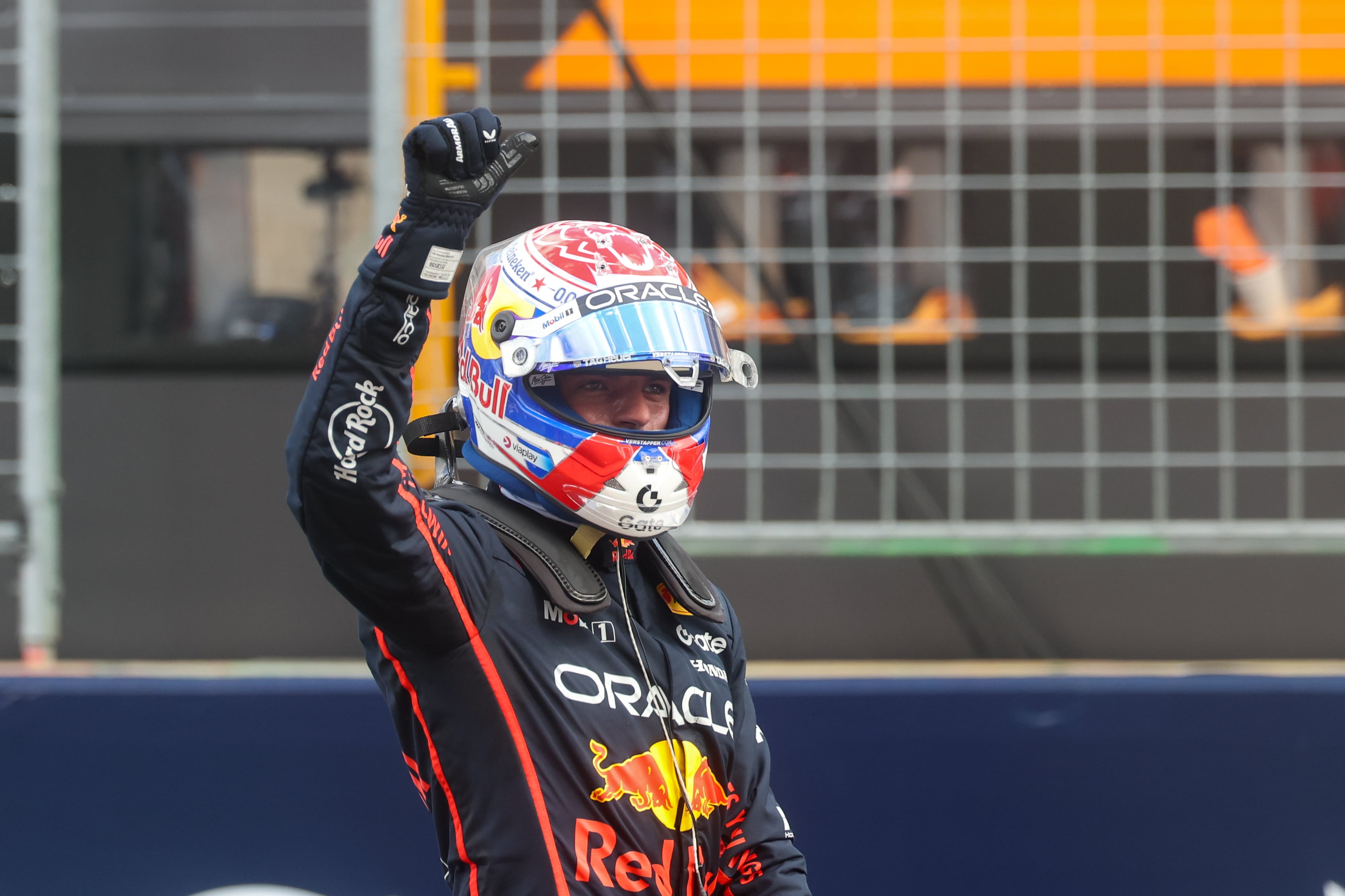 AUSTIN, TX - OCTOBER 17: Oracle Red Bull Racing driver Max Verstappen (1) of the Netherlands holds up his arm towards the crowd after winning the Sprint race of the Formula 1 MSC Cruises United States Grand Prix on October 18, 2025, at Circuit of the Americas in Austin, Texas. (Photo by David Buono/Icon Sportswire via Getty Images)