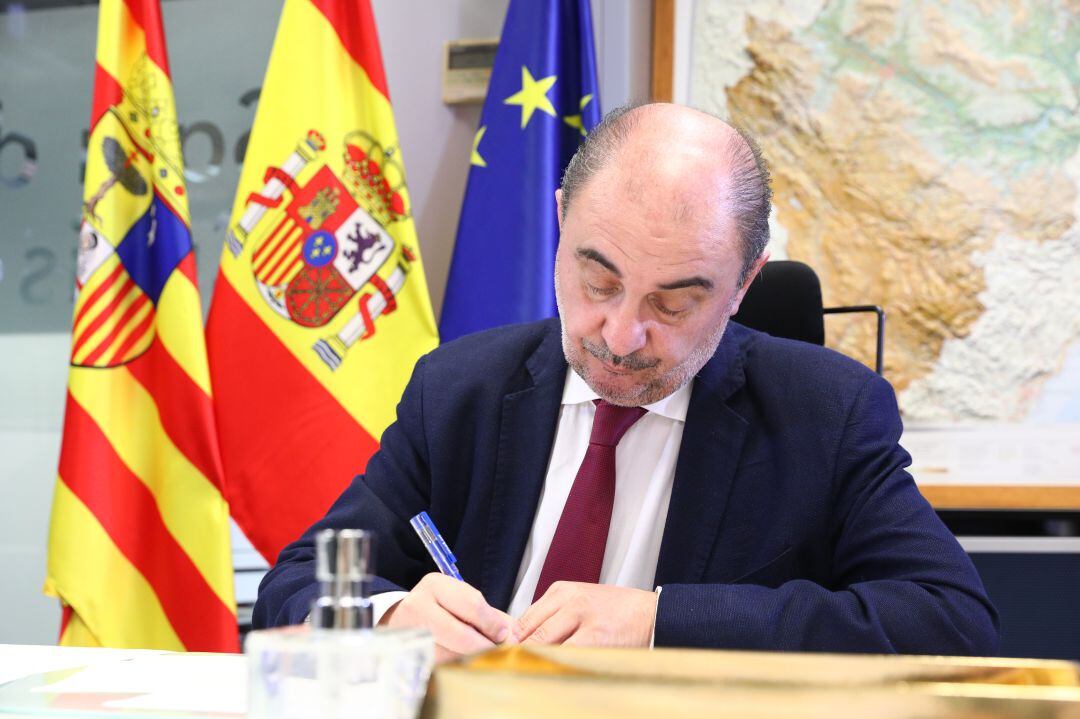 Lambán, durante la decimocuarta videoconferencia de presidentes autonómicos