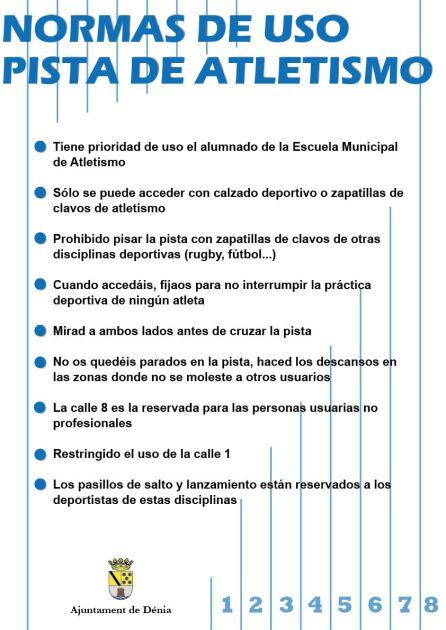 Normas de uso de la pista de atletismo.