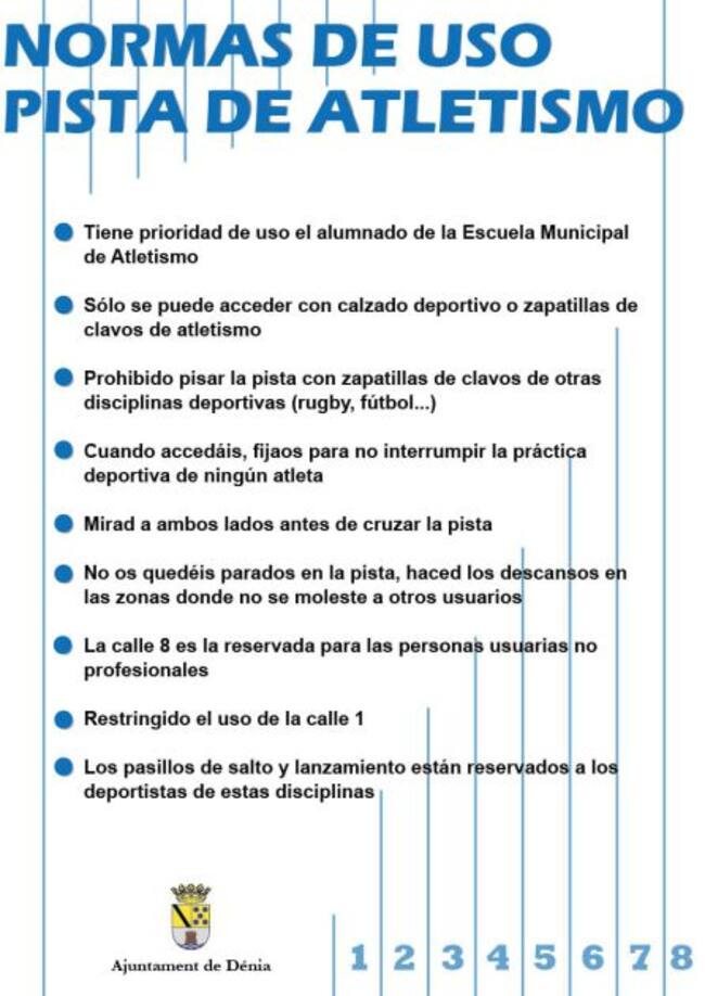 Normas de uso de la pista de atletismo.