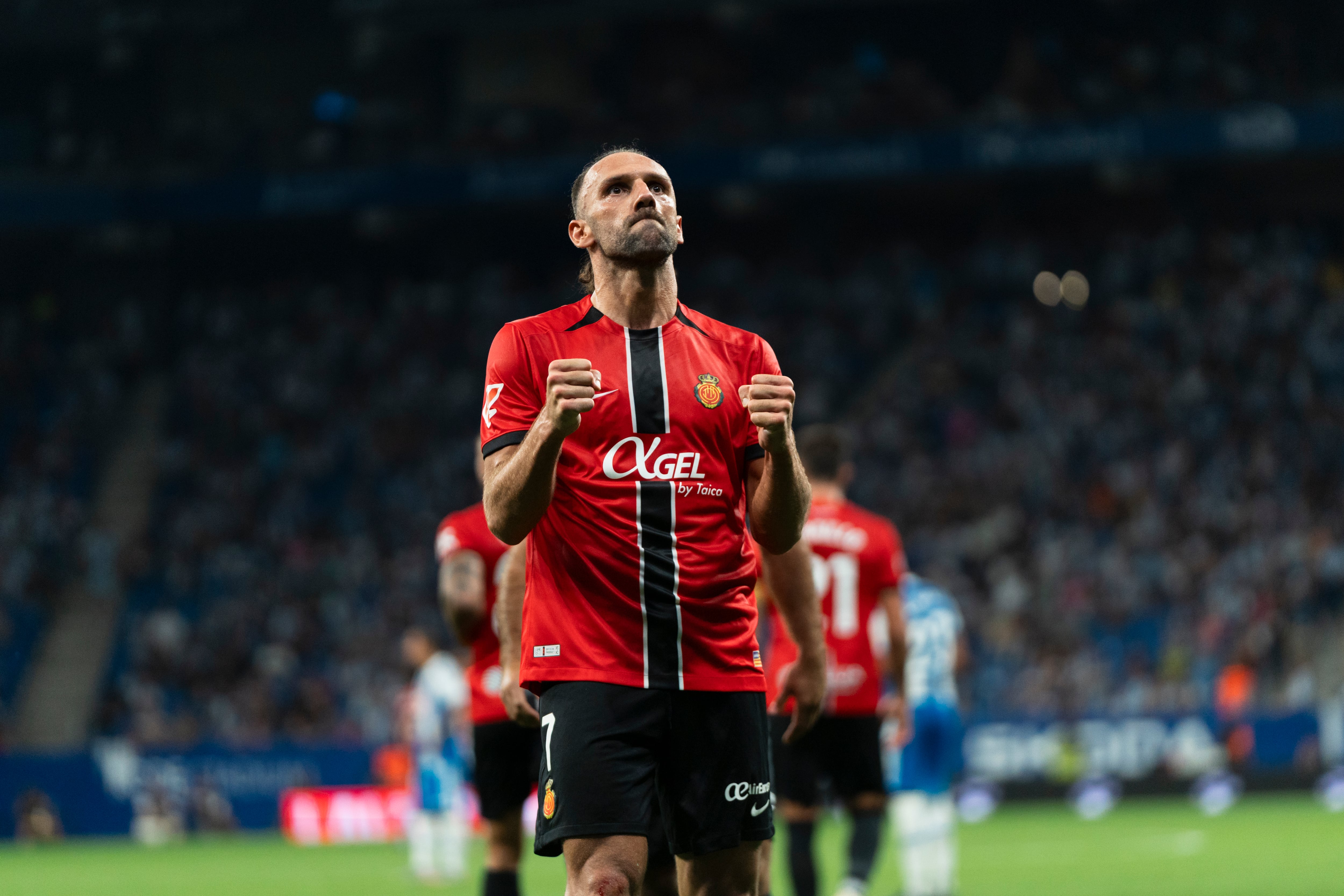 Vedat Muriqi of RCD Mallorca celebrates a goal during the LaLiga EA Sports match between RCD Espanyol and RCD Mallorca at RCDE Stadium in Barcelona, Spain, on September 15, 2025. (Photo by Ruben De La Rosa/NurPhoto via Getty Images)