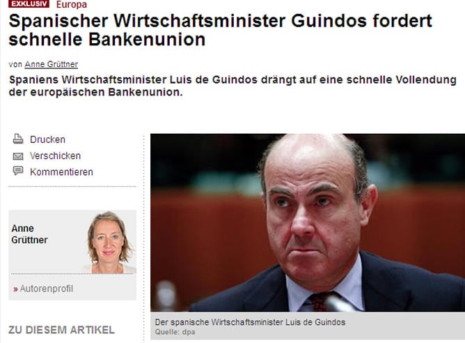 Captura de pantalla de la entrevista al ministro Luis de Guindos publicada por la revista alemana &#039;Wirtschaftswoche&#039;