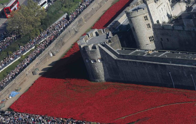 Imagen del exterior de la Torre de Londres, cubierto de miles de amapolas de cerámica 