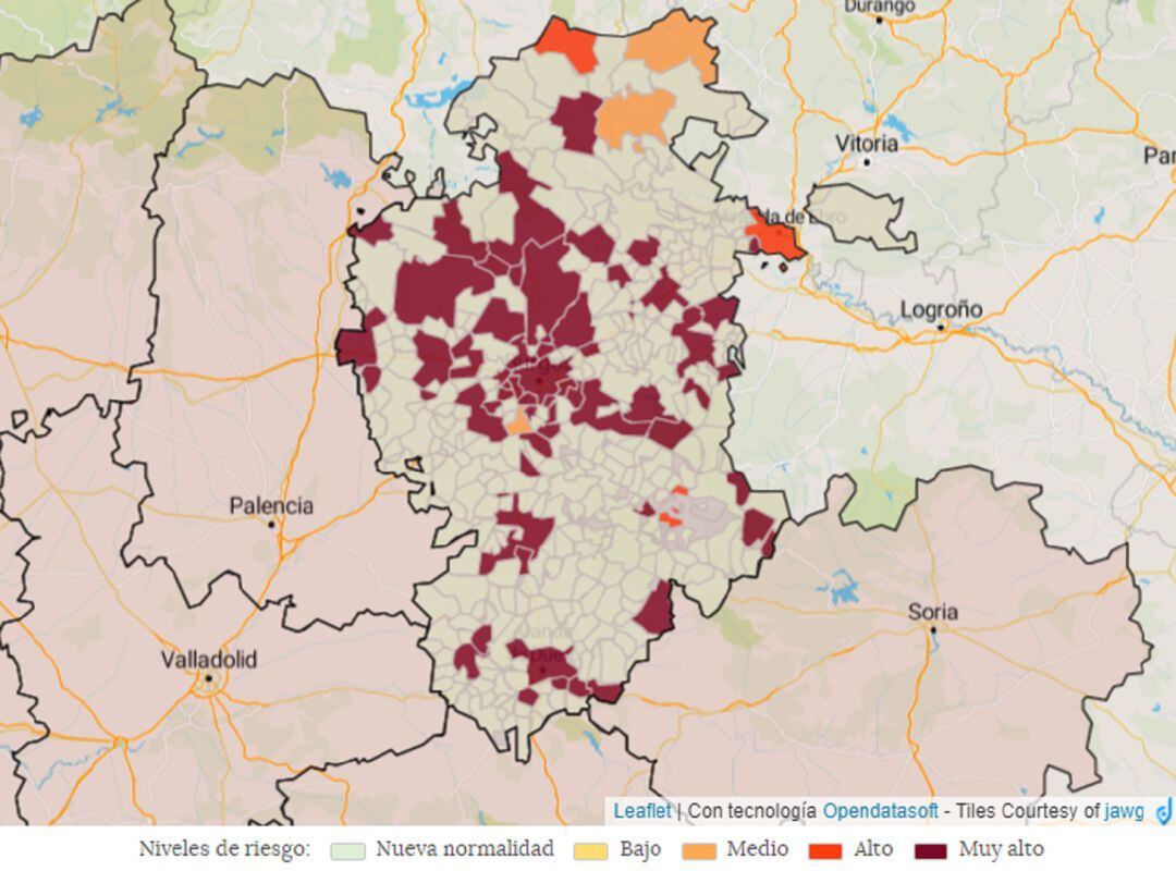 Los contagios se han extendido por toda la provincia de Burgos en apenas dos días como muestra el mapa de incidencia acumulada a siete días que refleja multitud de pueblos en riesgo muy alto, incluidos ocho de la Ribera del Duero