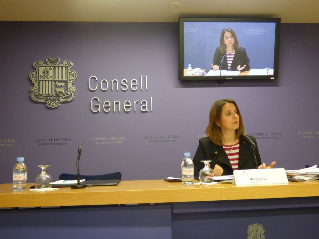 La consellera del PS, Rosa Gili, a la sala de premsa del Consell General