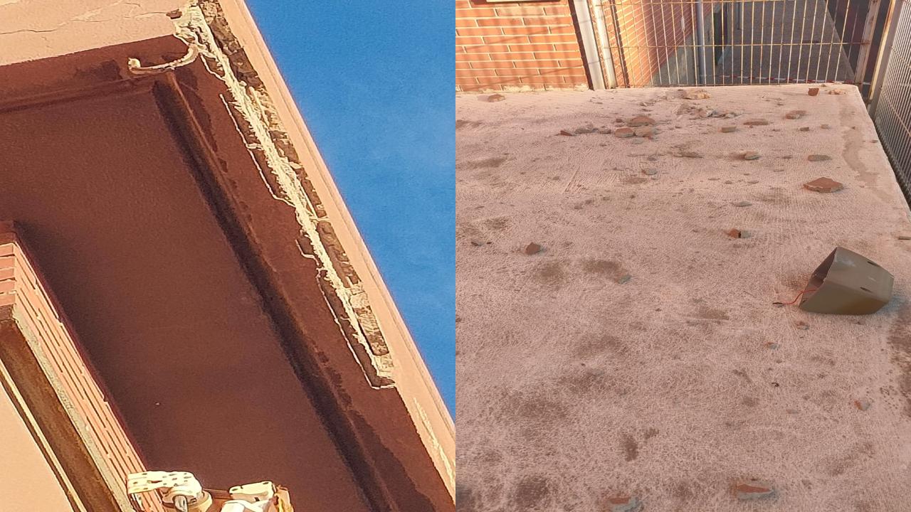 Montaje con las consecuencias del desprendimiento de una cornisa en el CEIP Óscar Esplá