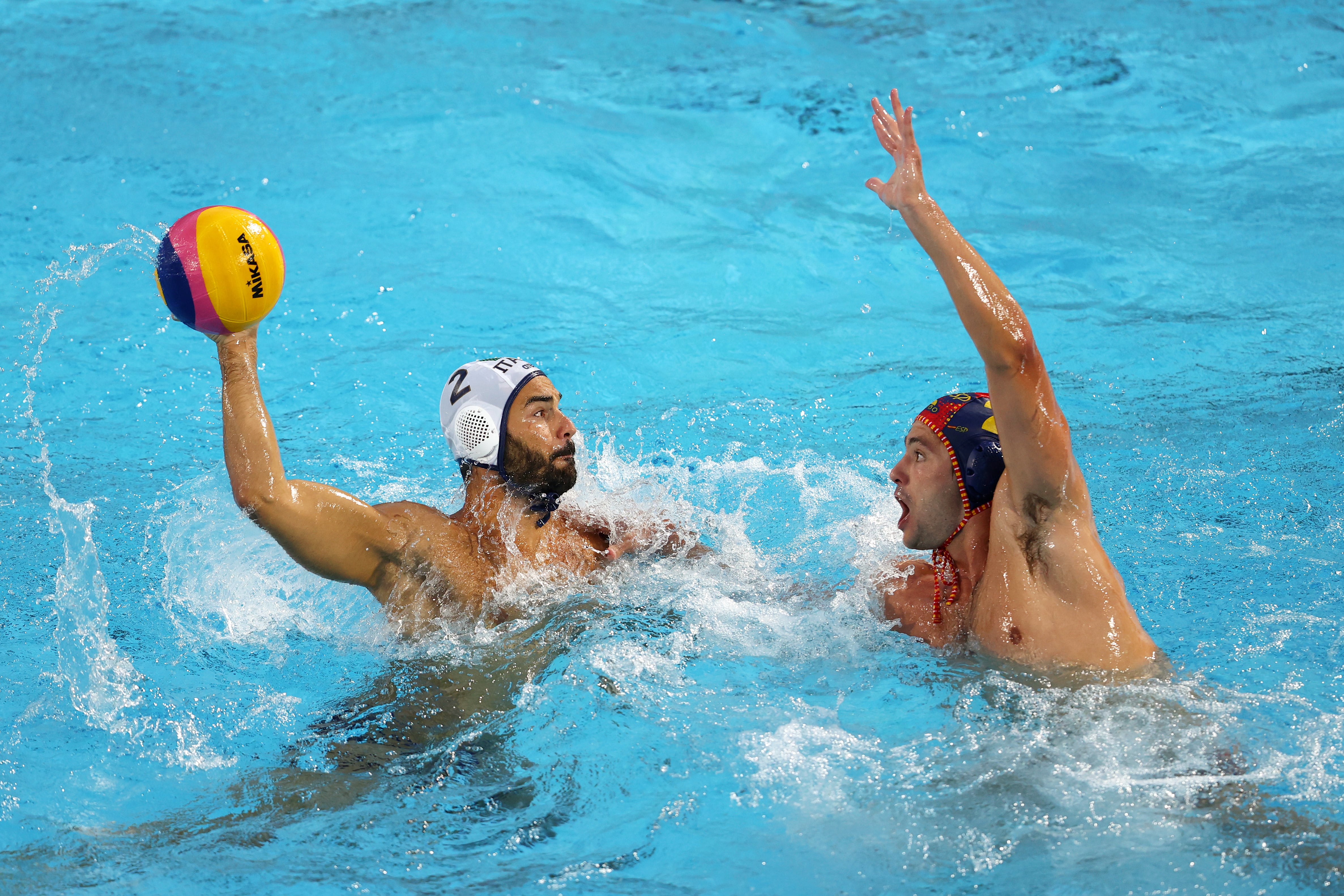 BUDAPEST, HUNGARY - JULY 03: Alberto Munarriz Egana #2 of Team Spain defends against Francesco di Fulvio #2 of Team Italy during the Men&#039;s Water Polo Gold Medal Match between Italy and Spain on day 14 of the Budapest 2022 FINA World Championships at Alfred Hajos National Aquatics Complex on July 03, 2022 in Budapest, Hungary. (Photo by Dean Mouhtaropoulos/Getty Images)