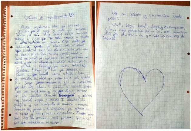 Fotografía facilitada por la Policía Nacional. En la imagen, una carta que envió el menor a los agentes dándoles las gracias de manera personalizada y destacando el hecho de que &quot;estuvieran allí para salvarme a mí y a todos los menores de Madrid&quot;.