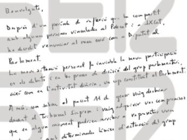 La carta de Forn per la renúncia a l'acta de diputat