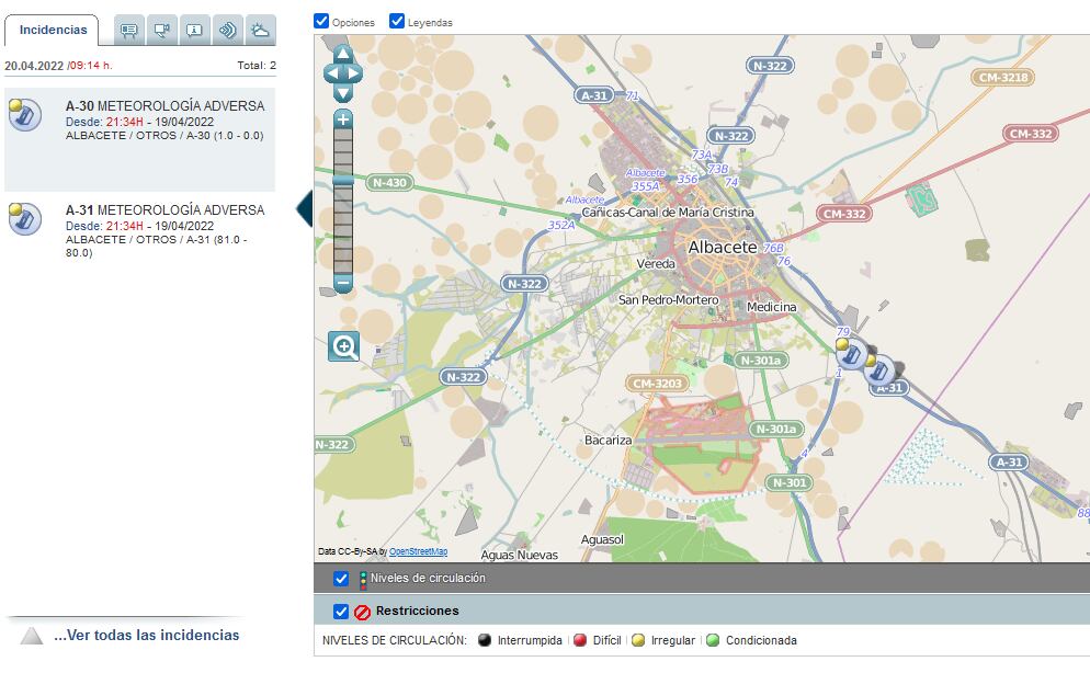 La web de la DGT informa del corte de estos dos carriles