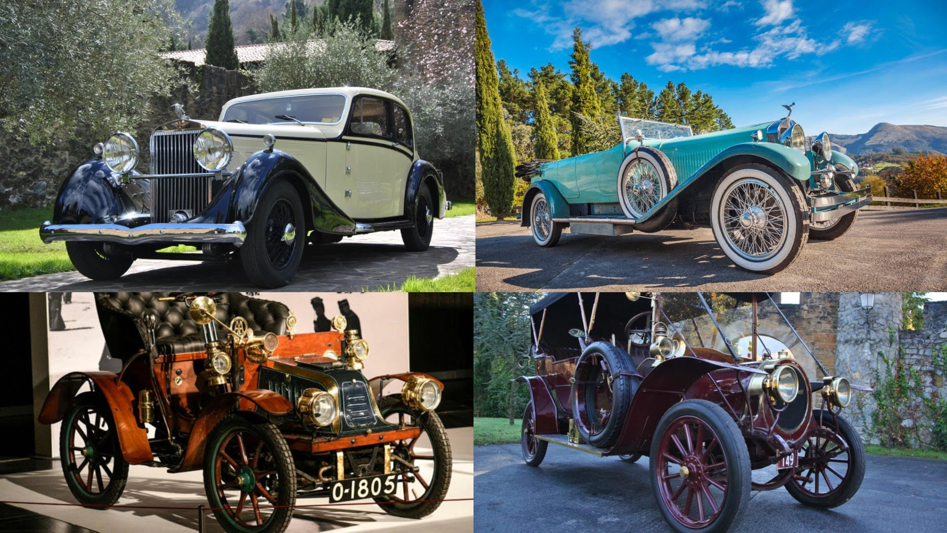 1903 Peugeot «Baby» Voiturette Type 54, 1936 Hispano Suiza K6, 1925 Isotta Fraschini Tipo 8A y 1908 Delaunay Belleville 10 HP Roi des Belges