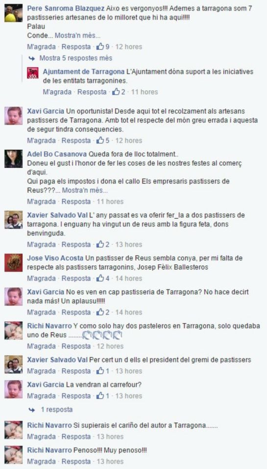 Captura de pantalla dels comentaris de diversos usuaris a la publicació que l'Ajuntament de Tarragona va fer per promocionar la Mulassa.