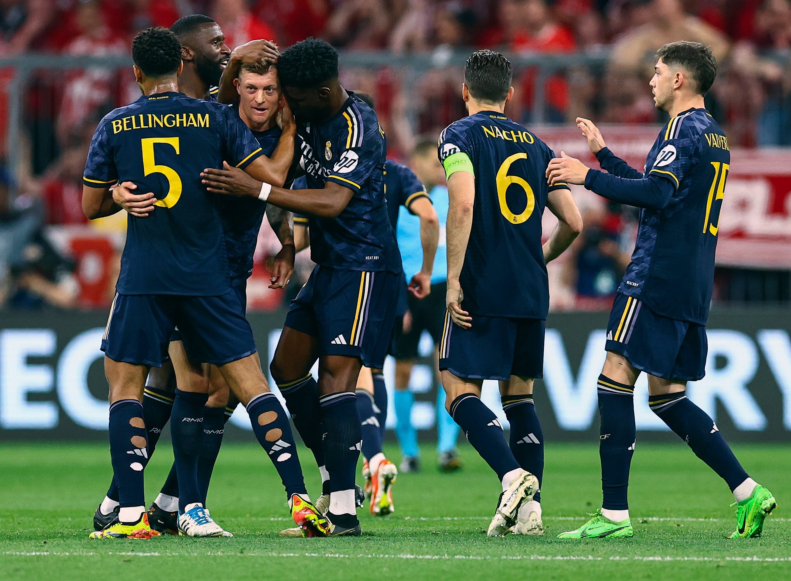 El Real Madrid celebra su primer gol contra el Bayern de Múnich.